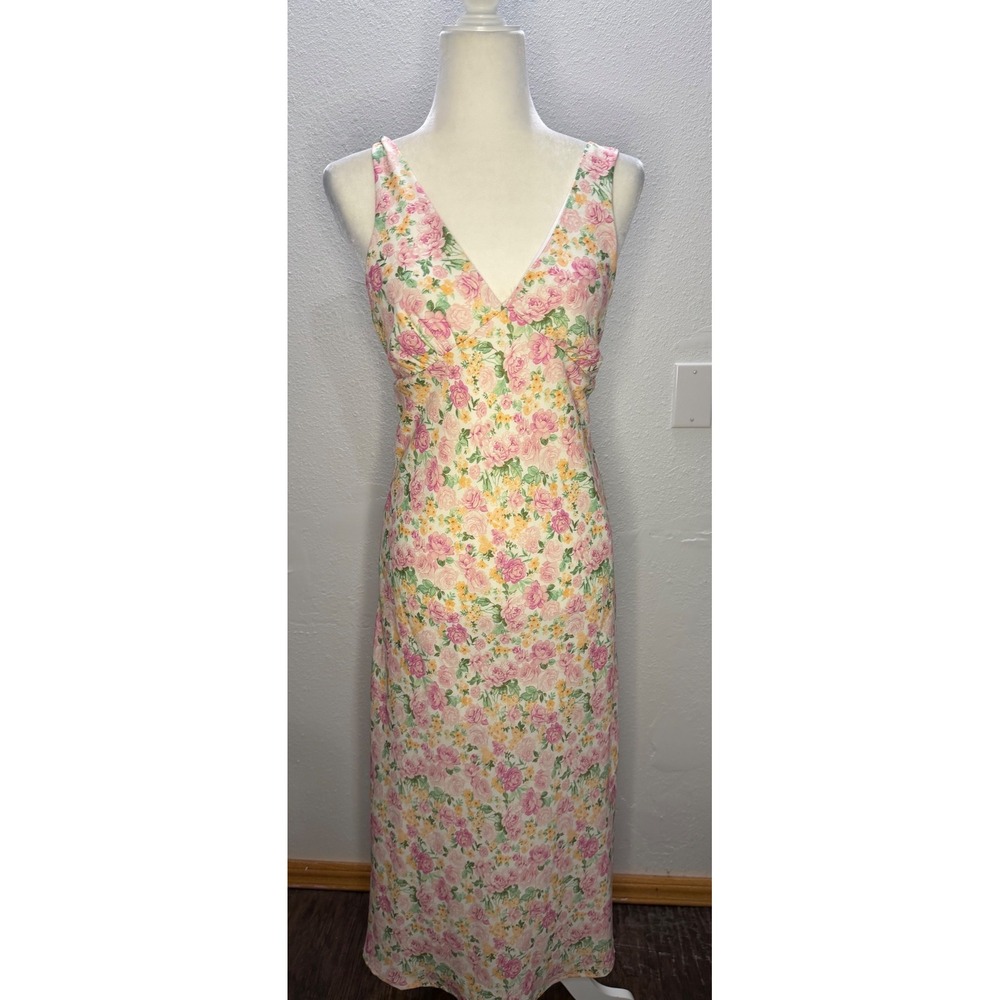 Altar'd‎ State Floral Midi Dress Women's Medium Pink Yellow Sleeveless V Neck